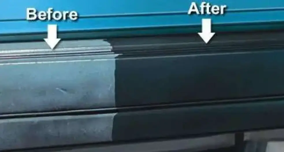 Trim Restorer that lasts  Most plastic and trim restores don't even  last 30 days. They contain solvents that cause the trim to fade faster in  the sun, and they wash off