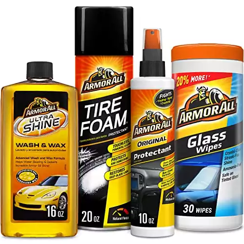 Car Wash and Car Cleaner Kit by Armor All, Includes Glass Wipes, Car Wash & Wax Concentrate, Protectant Spray and Tire Foam